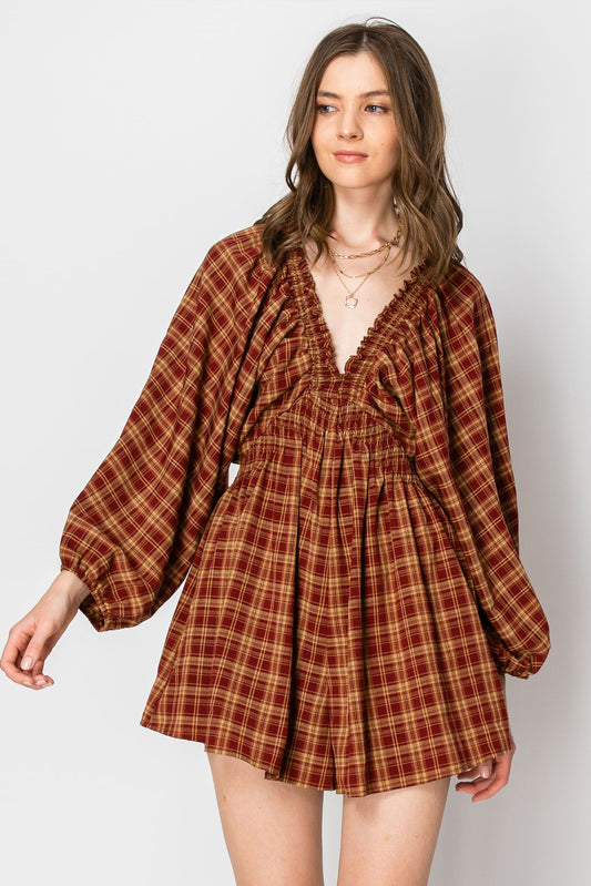 Dolman Sleeve Plaid Smocked Deep Romper